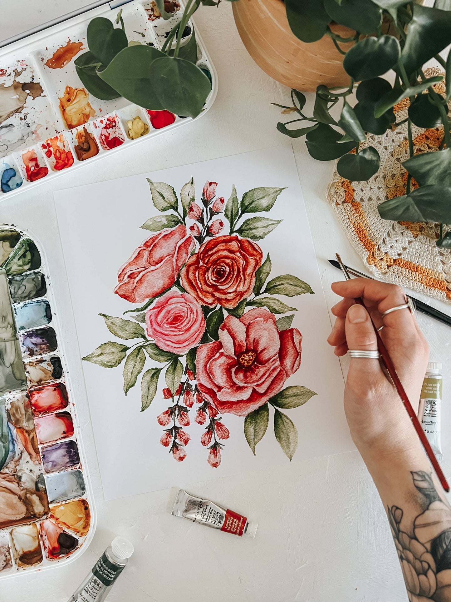 Pink Bouquet Watercolor Floral Wall Art Print: 5x7inch