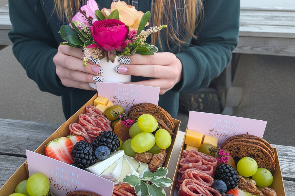 Person holding a small bouquet of flowers above a charcuterie board with various meats, cheeses, and fruits.