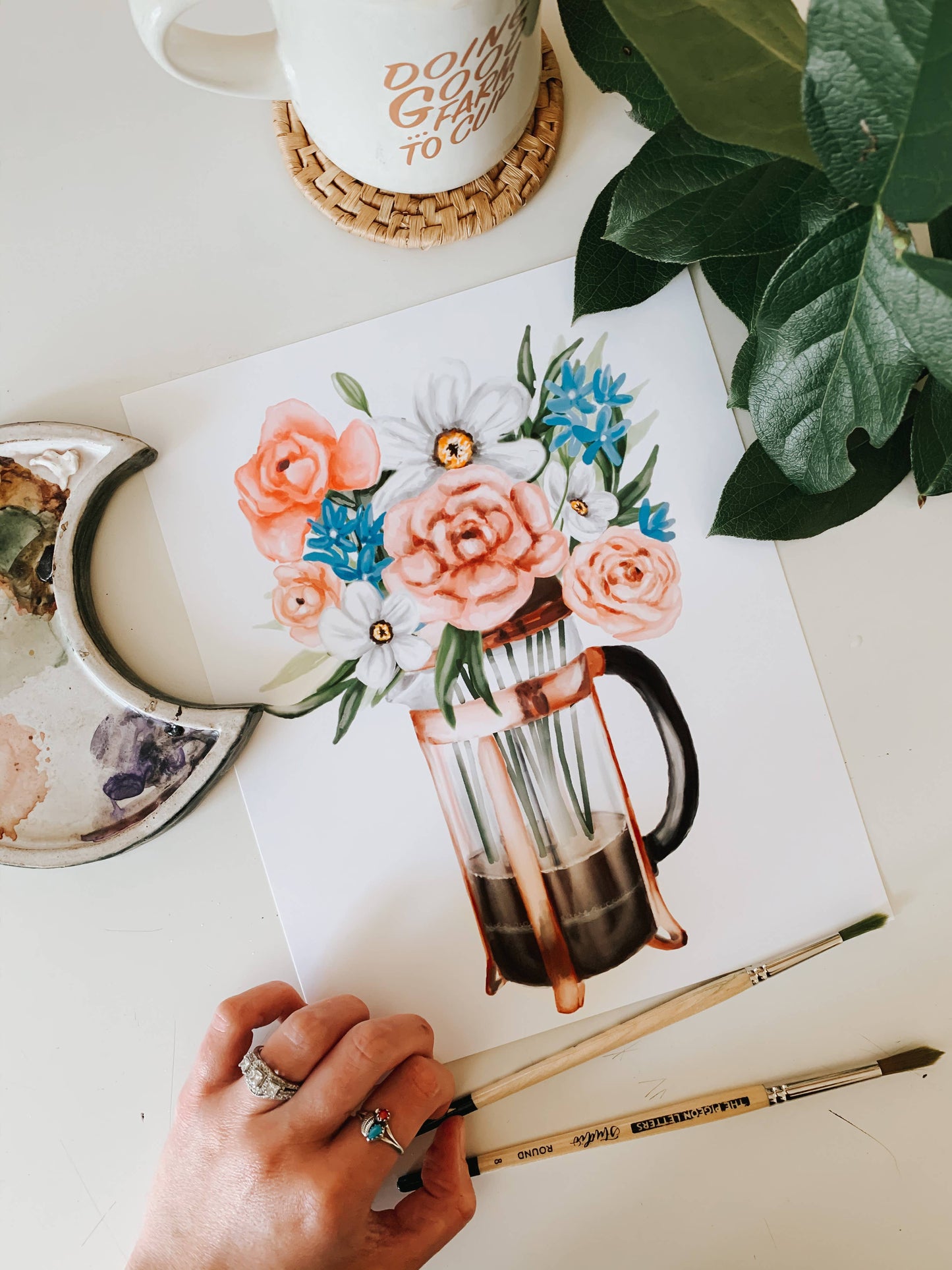 French Press Coffee and Flowers Print: 8x10inch
