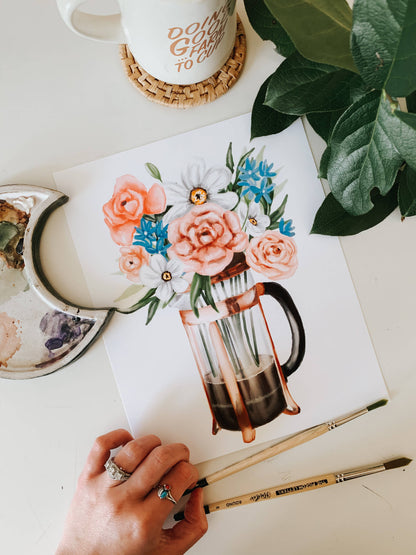 French Press Coffee and Flowers Print: 8x10inch