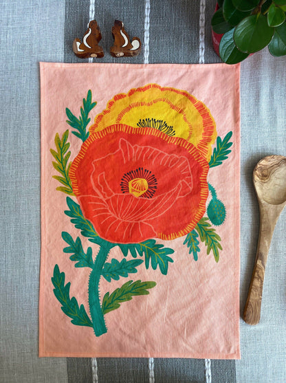 Pretty Poppies Linen Cotton Handmade Tea Towel