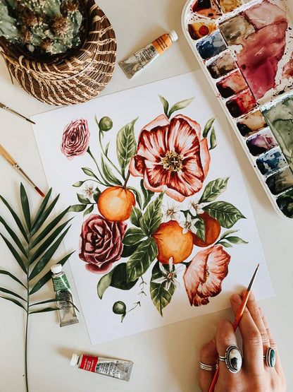 Citrus Floral Bouquet Print: 5 x 7 Inches