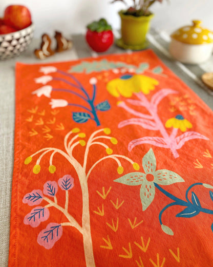 Coral Red Wildflowers Linen Cotton Handmade Tea Towel