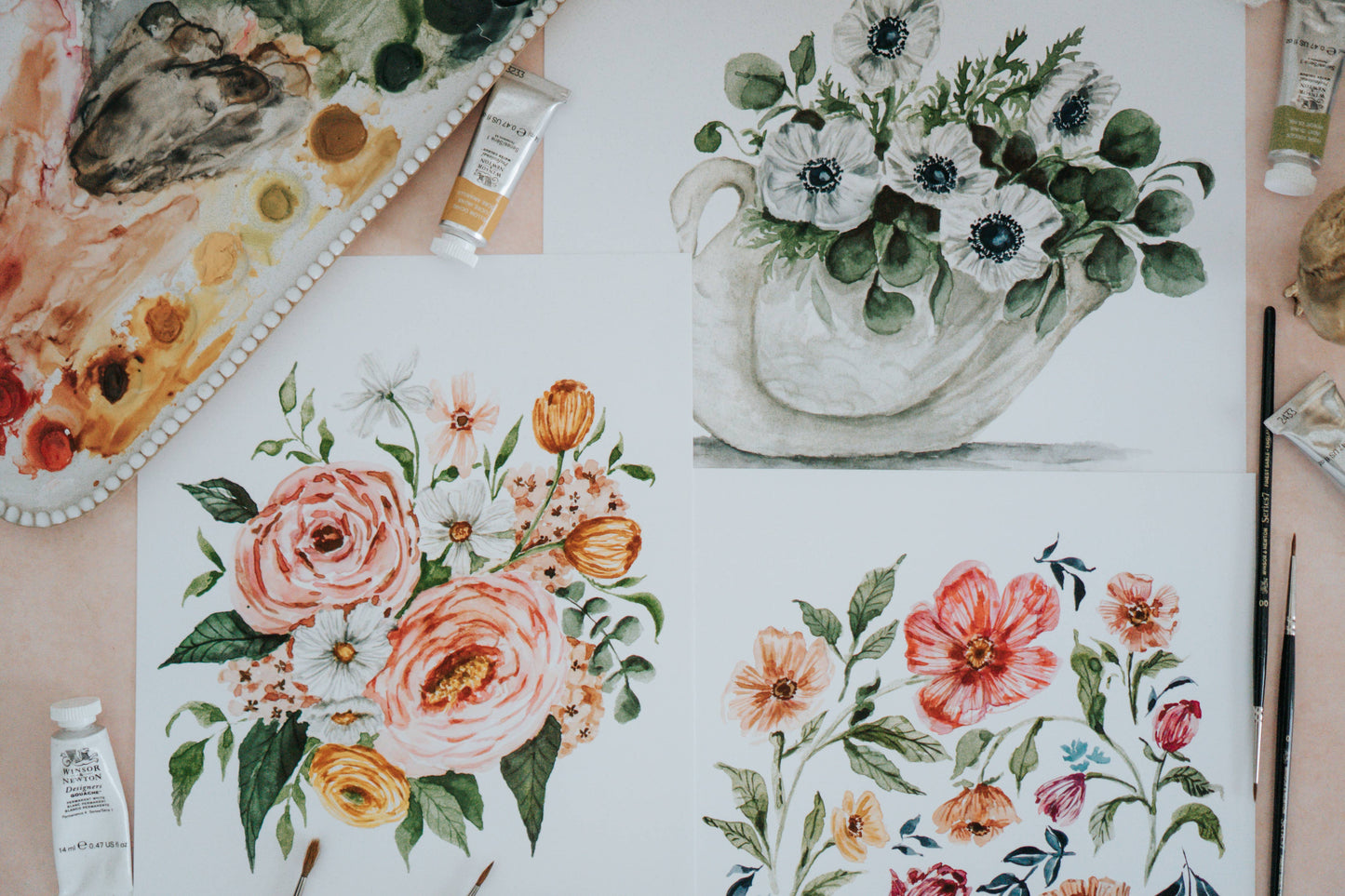 Peony Spring Bouquet Watercolor Art Print: 11x14inch