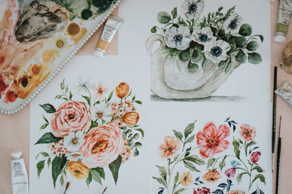 Peony Spring Bouquet Watercolor Art Print: 11x14inch