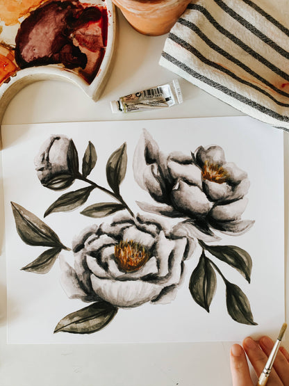 Moody Peonies Watercolor Print: 8x10inch