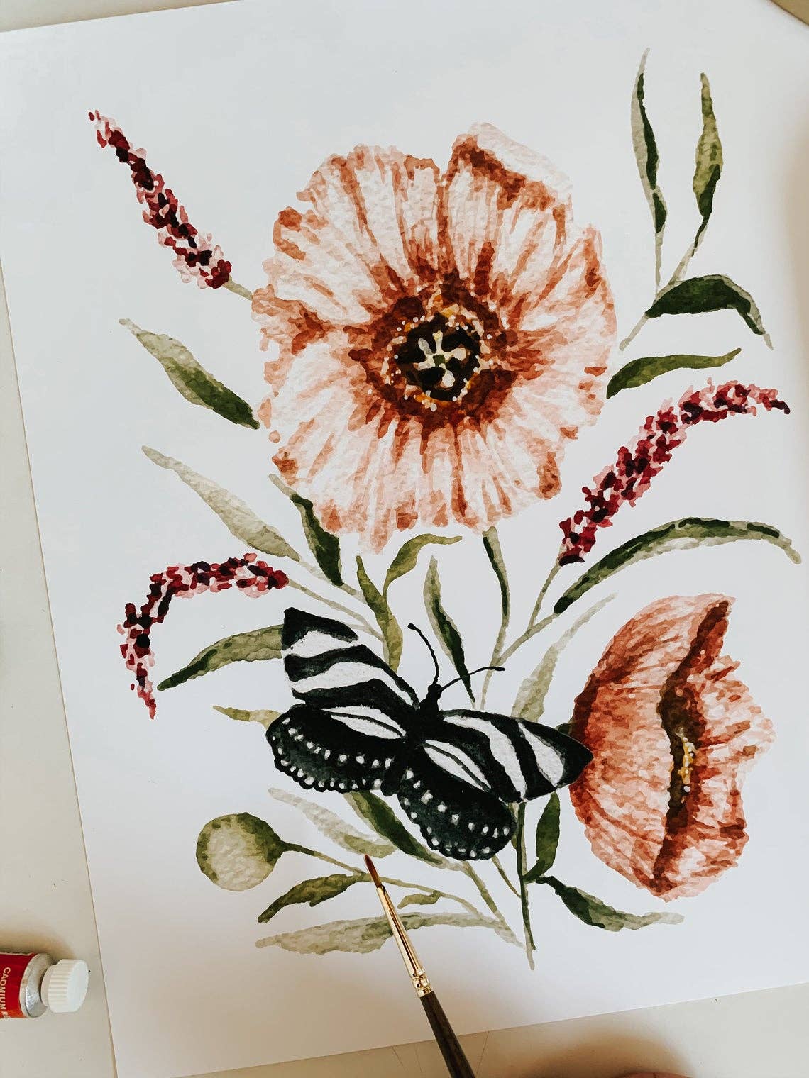 Poppy Flower Butterfly Print: 5 x 7 Inches