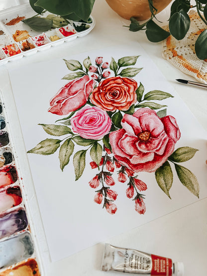 Pink Bouquet Watercolor Floral Wall Art Print: 5x7inch