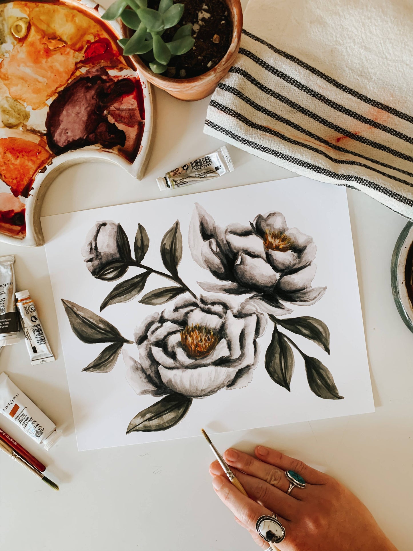 Moody Peonies Watercolor Print: 8x10inch