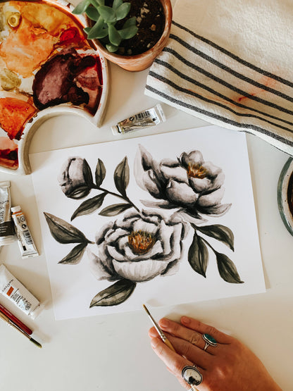 Moody Peonies Watercolor Print: 8x10inch