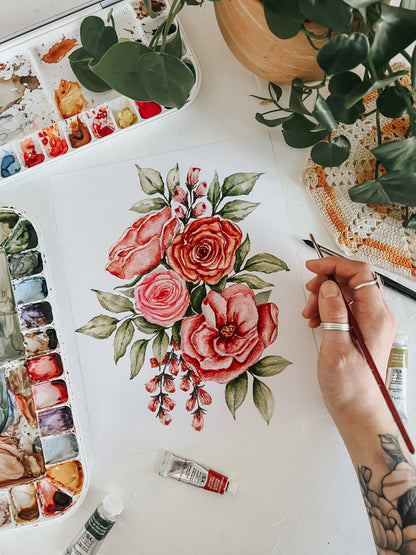 Pink Bouquet Watercolor Floral Wall Art Print: 11x14inch