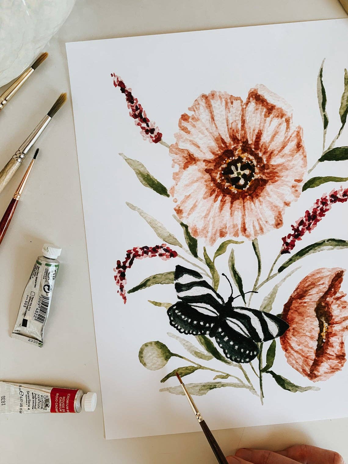 Poppy Flower Butterfly Print: 5 x 7 Inches