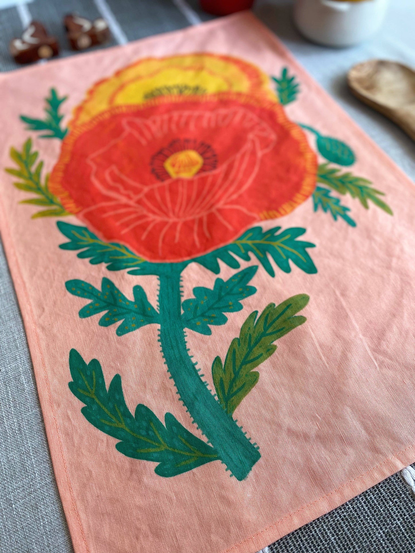 Pretty Poppies Linen Cotton Handmade Tea Towel