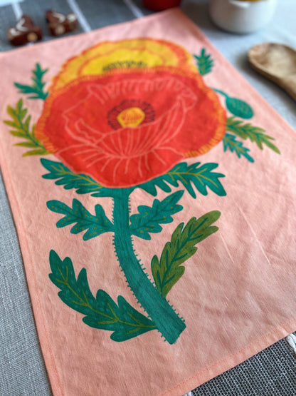 Pretty Poppies Linen Cotton Handmade Tea Towel