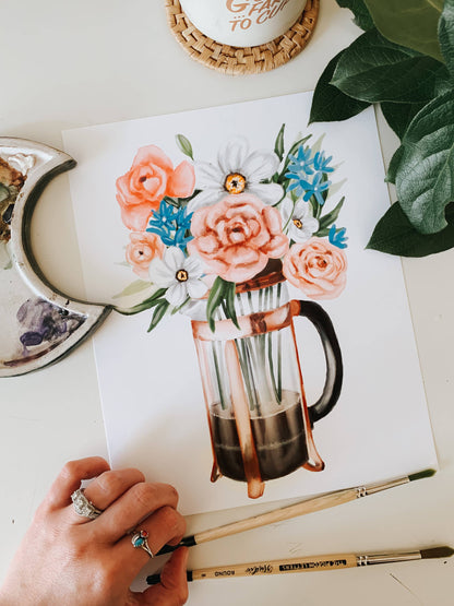 French Press Coffee and Flowers Print: 8x10inch