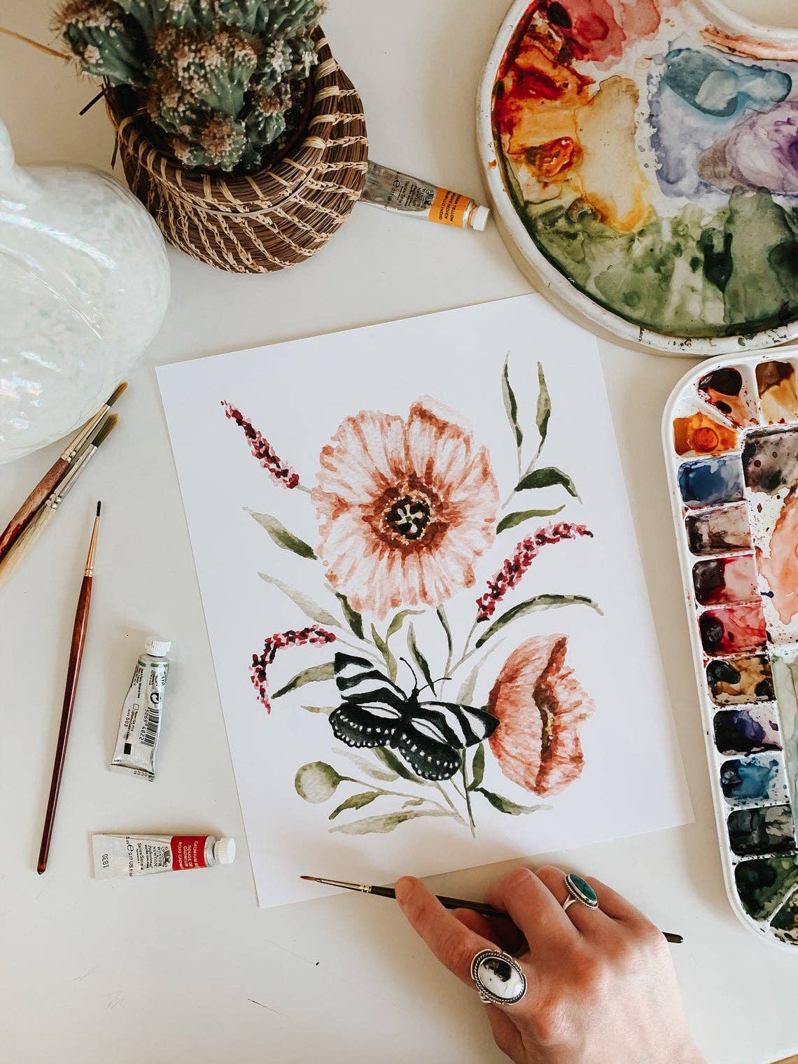 Poppy Flower Butterfly Print: 5 x 7 Inches