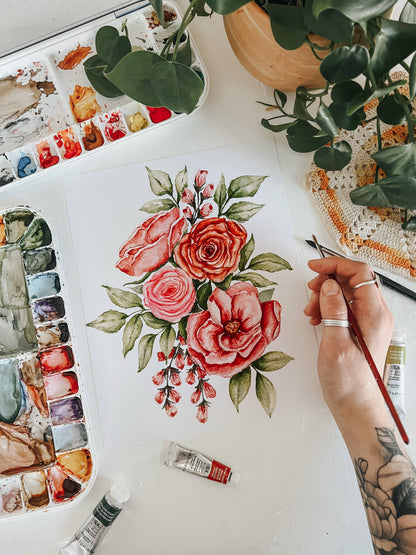 Pink Bouquet Watercolor Floral Wall Art Print: 11x14inch