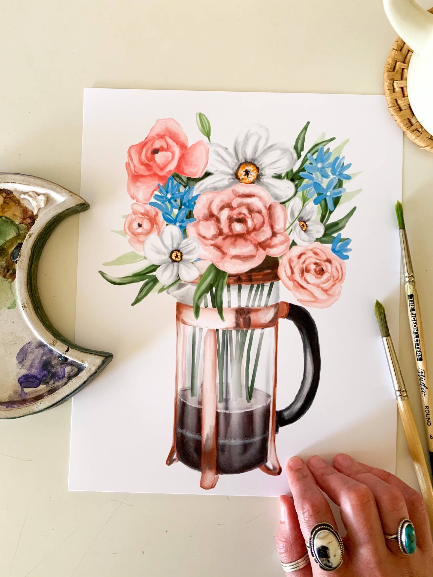 French Press Coffee and Flowers Print: 8x10inch