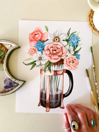 French Press Coffee and Flowers Print: 8x10inch
