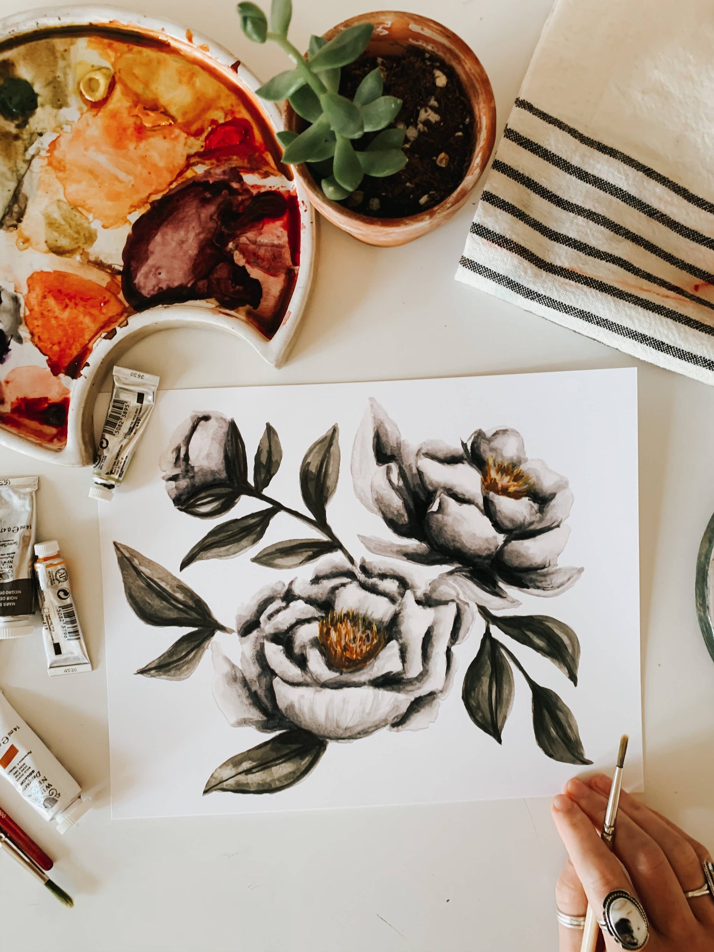 Moody Peonies Watercolor Print: 8x10inch