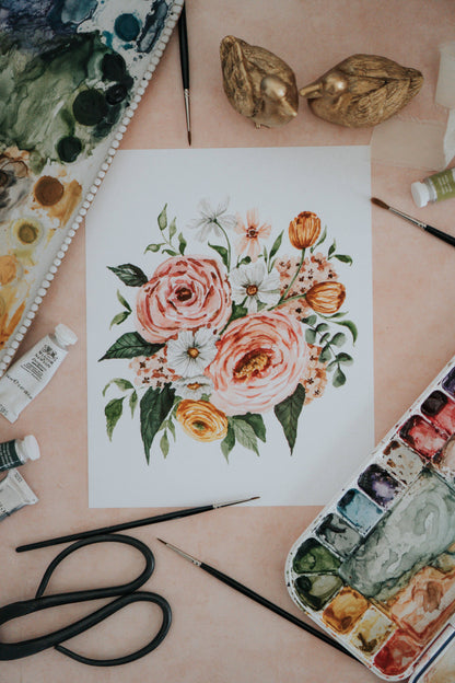 Peony Spring Bouquet Watercolor Art Print: 11x14inch