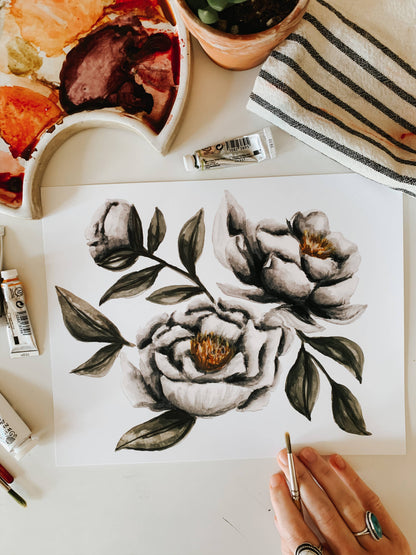 Moody Peonies Watercolor Print: 8x10inch