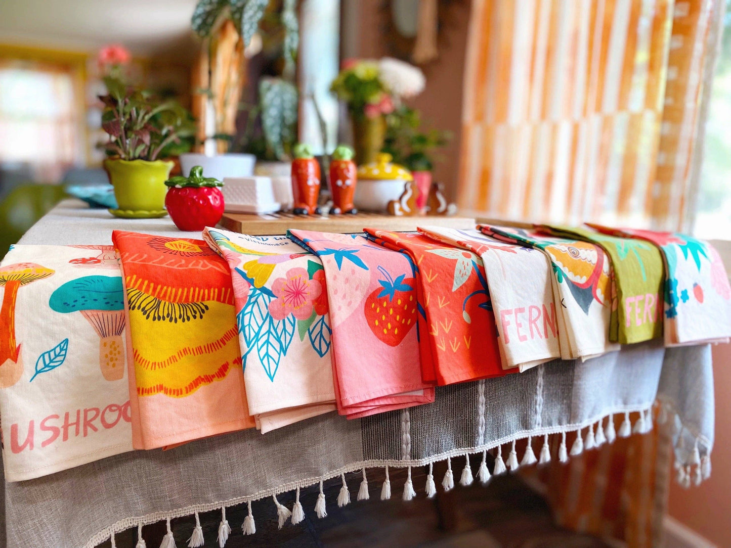 Coral Red Wildflowers Linen Cotton Handmade Tea Towel