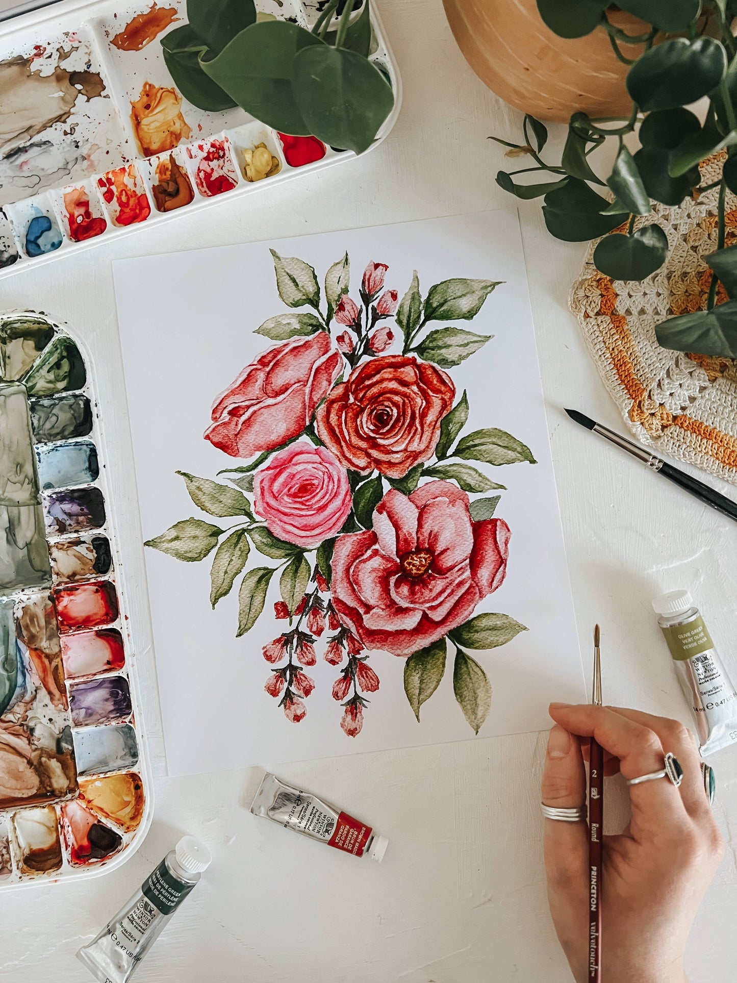 Pink Bouquet Watercolor Floral Wall Art Print: 5x7inch