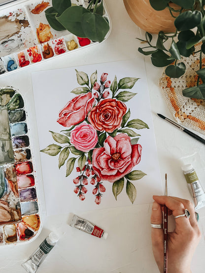 Pink Bouquet Watercolor Floral Wall Art Print: 11x14inch