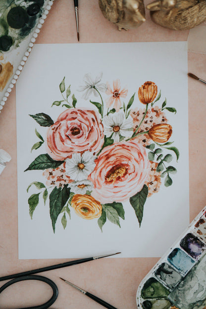 Peony Spring Bouquet Watercolor Art Print: 11x14inch