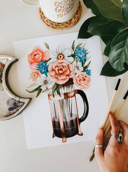 French Press Coffee and Flowers Print: 8x10inch