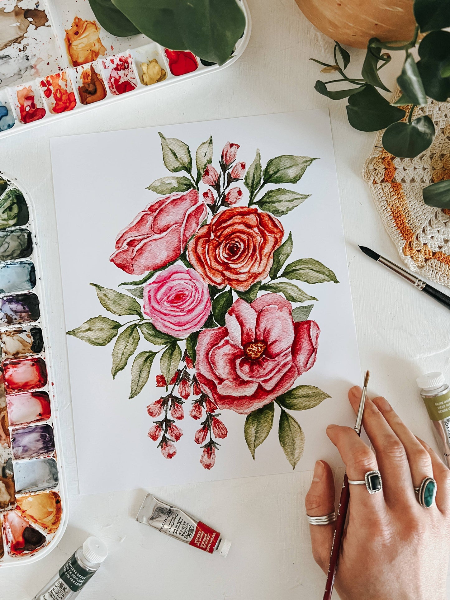 Pink Bouquet Watercolor Floral Wall Art Print: 5x7inch