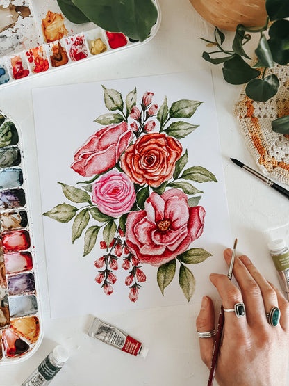 Pink Bouquet Watercolor Floral Wall Art Print: 11x14inch