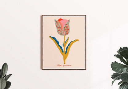 Tulip Botanical - Art Print: Aqua/Blue/Yellow / 11 x 14