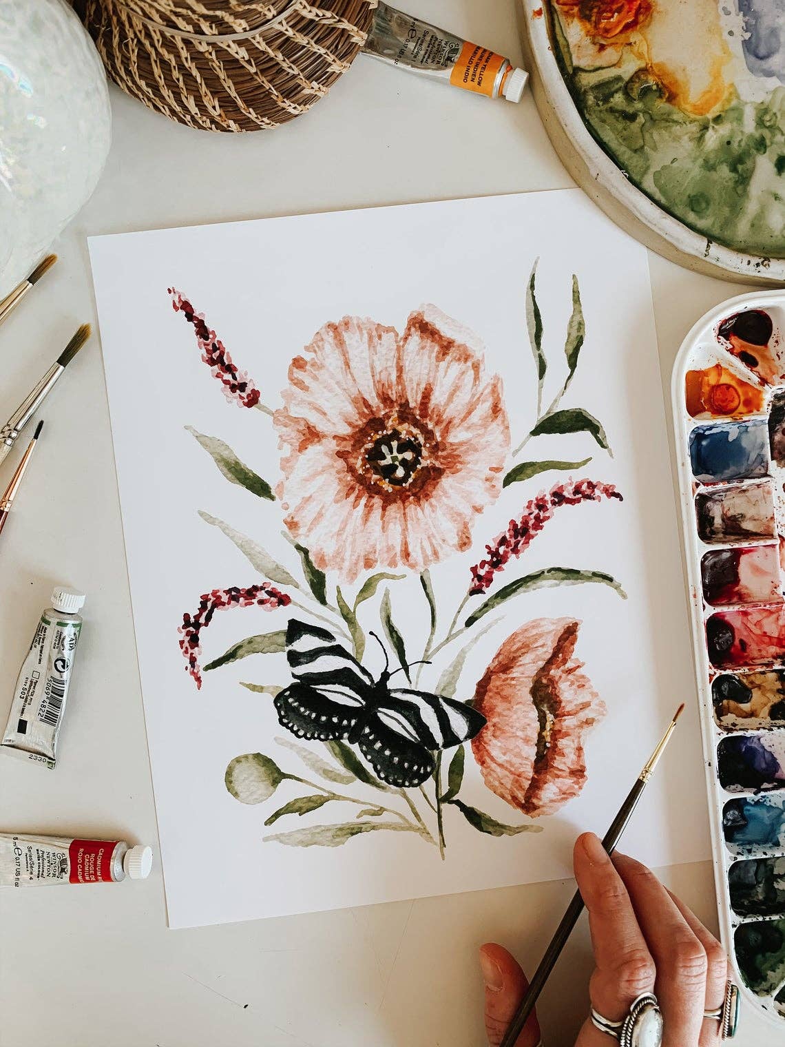 Poppy Flower Butterfly Print: 5 x 7 Inches