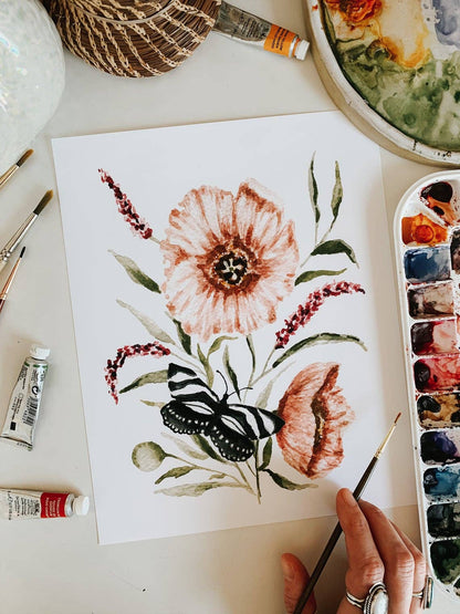 Poppy Flower Butterfly Print: 5 x 7 Inches
