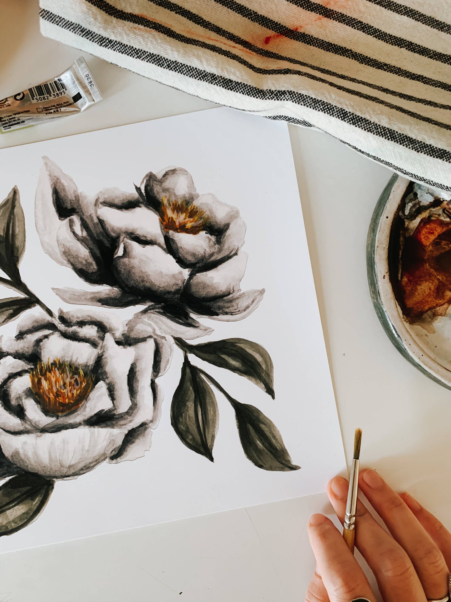 Moody Peonies Watercolor Print: 8x10inch