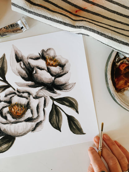 Moody Peonies Watercolor Print: 8x10inch