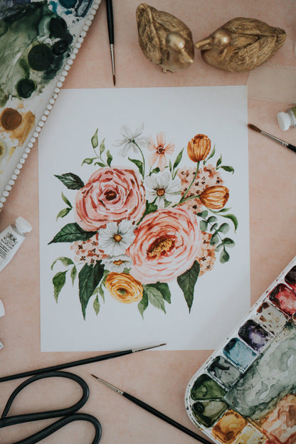 Peony Spring Bouquet Watercolor Art Print: 11x14inch