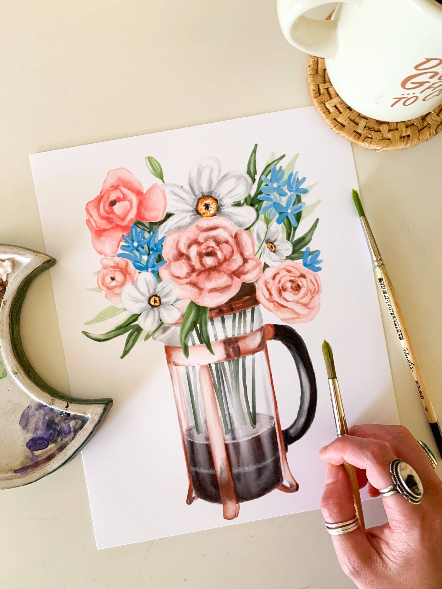 French Press Coffee and Flowers Print: 8x10inch