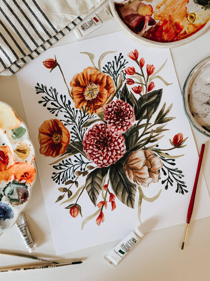 Fall Wildflower Watercolor Bouquet: 8x10inch