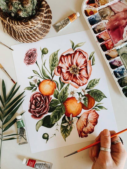 Citrus Floral Bouquet Print: 5 x 7 Inches